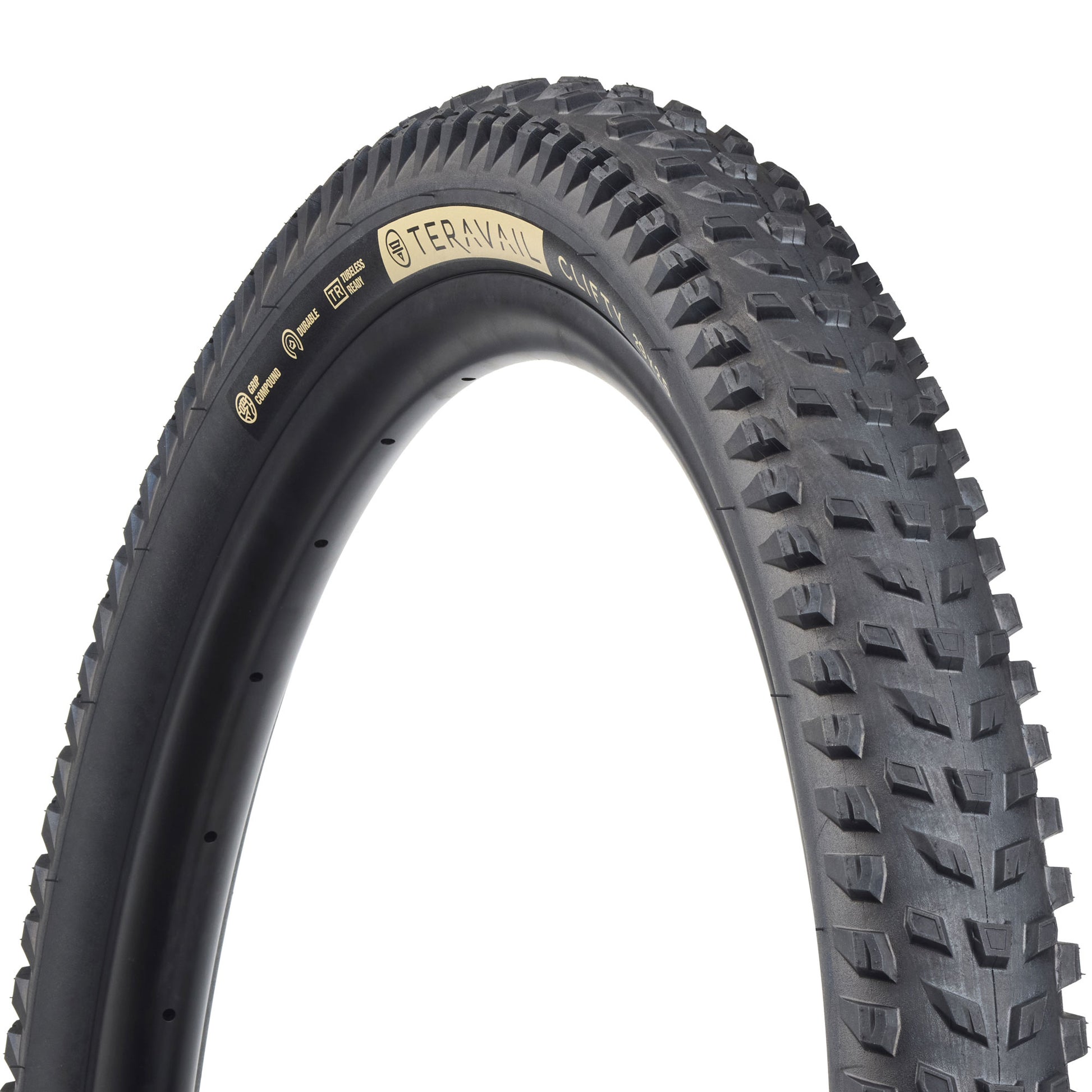 Teravail Clifty mountain tire three-quarter view of tread pattern and black sidewall