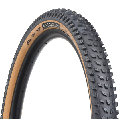 Teravail Clifty mountain tire three-quarter view of tread pattern and tan sidewall