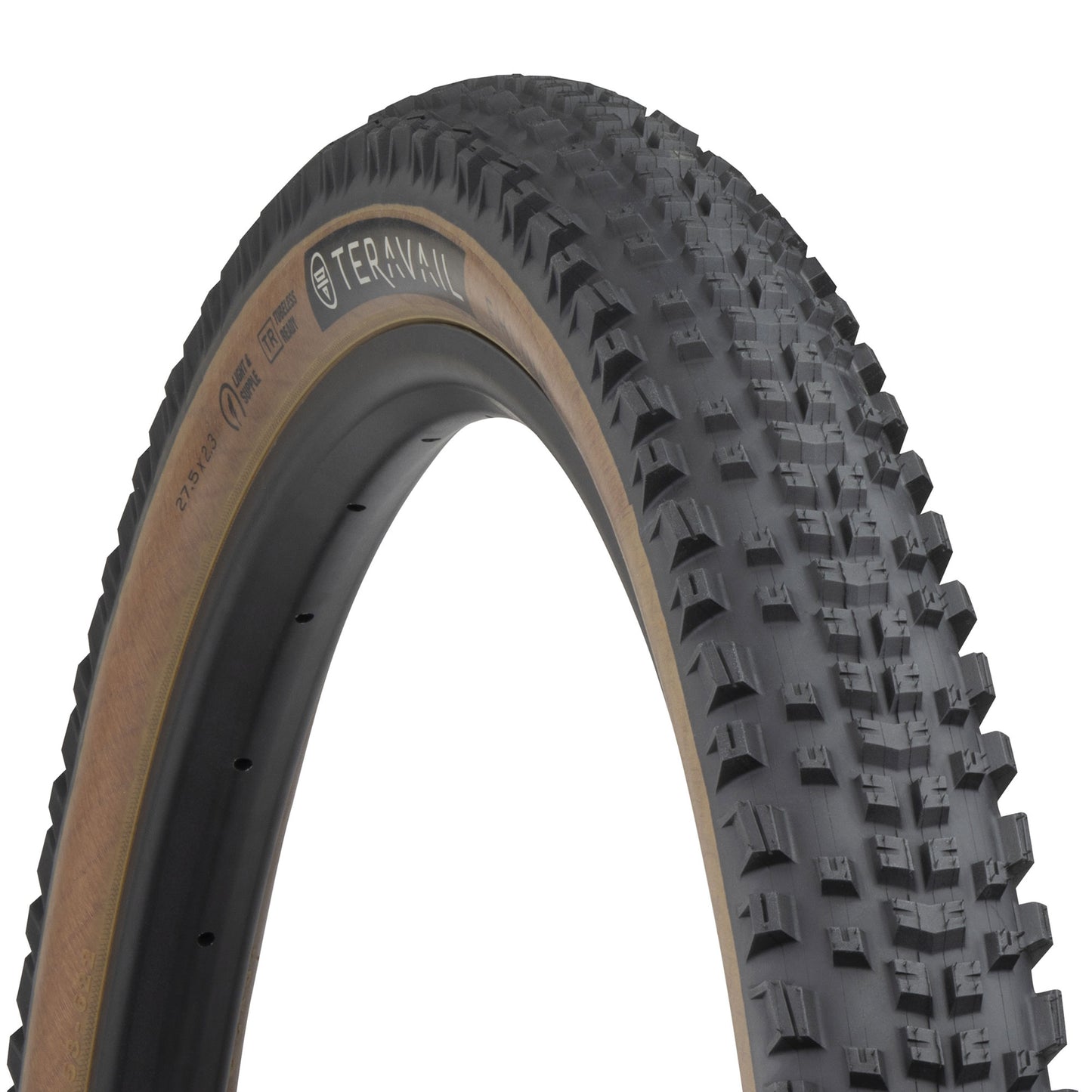 Teravail Ehline tire three-quarter view showing tan sidewall