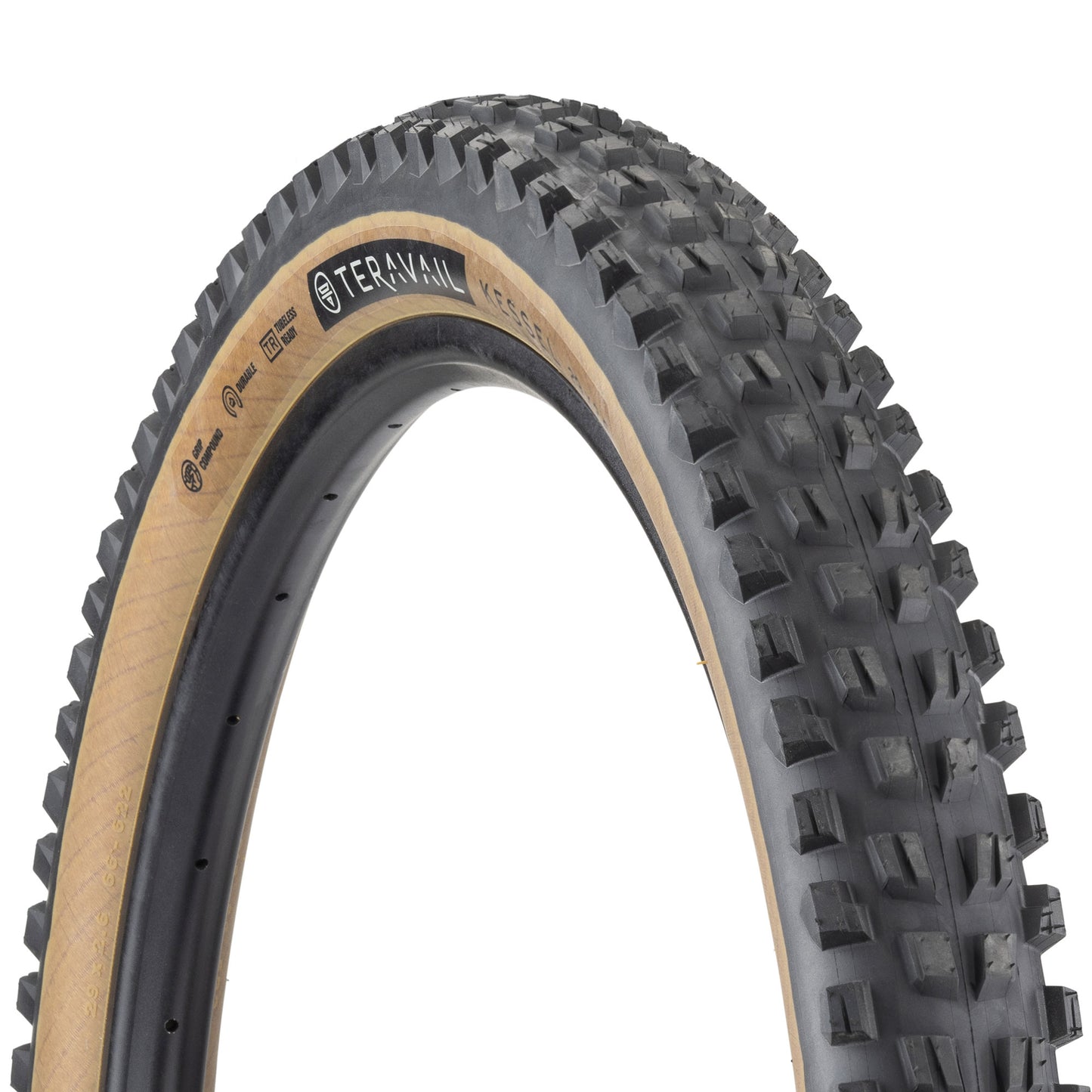 Teravail Kessel mountain bike tire three quarter view with tan side wall