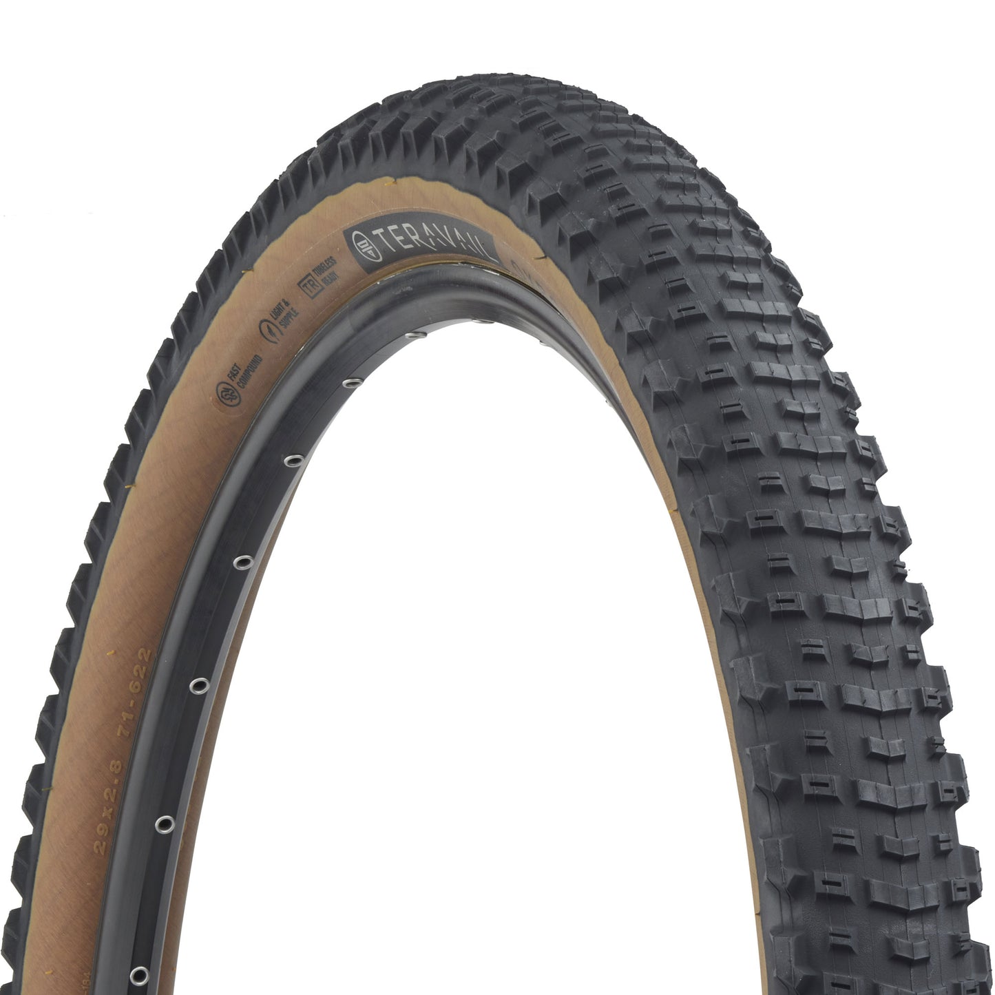 Teravail Oxbow tire three-quarter view showing tan sidewall