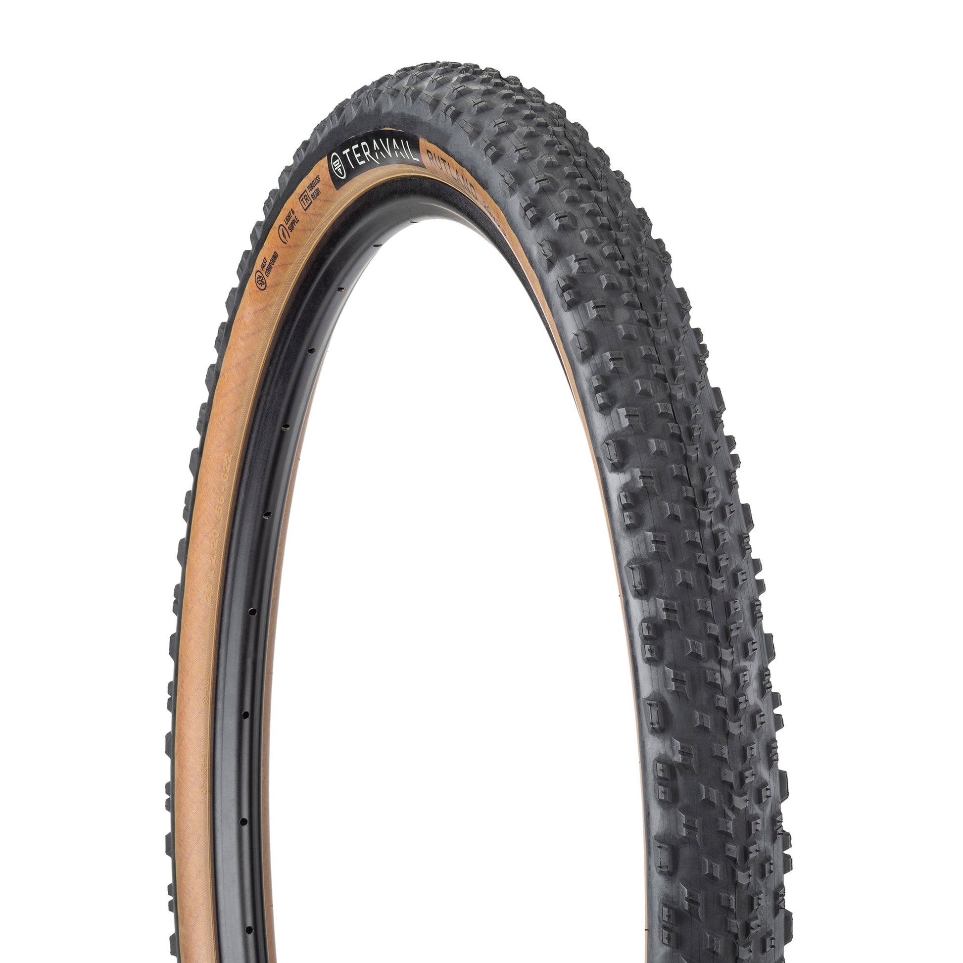 Teravail Rutland tire three-quarter view showing tan sidewall