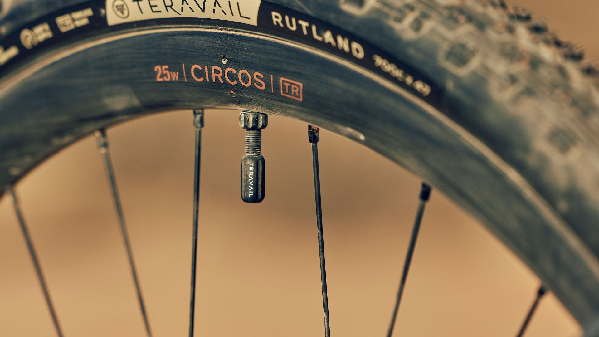 Close-up of Teravail tubeless valve on bike wheel