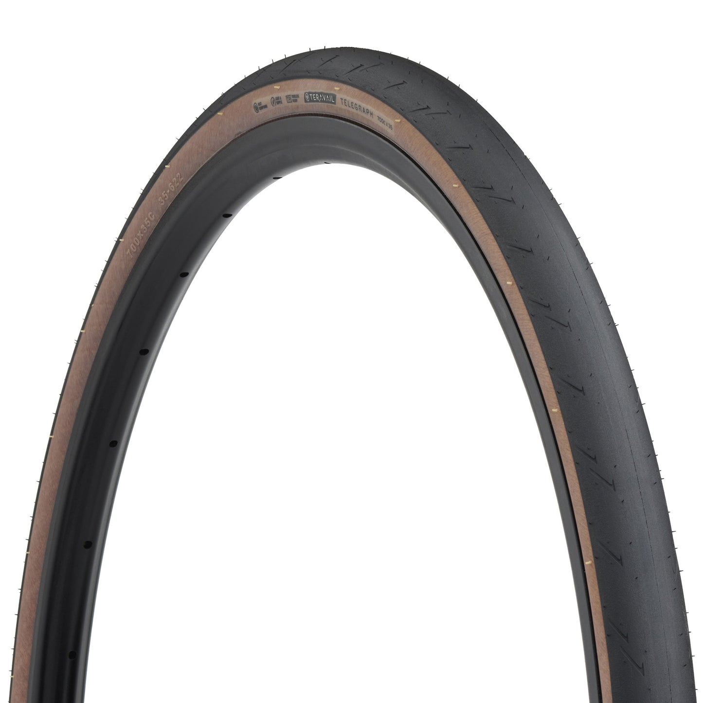 Teravail Telegraph tire three-quarter view showing tan sidewall